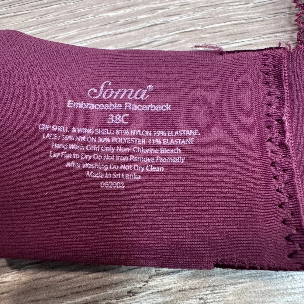Soma Embraceable Racerback Bra 38C Plum Burgundy Lace T-Back Underwire Contour